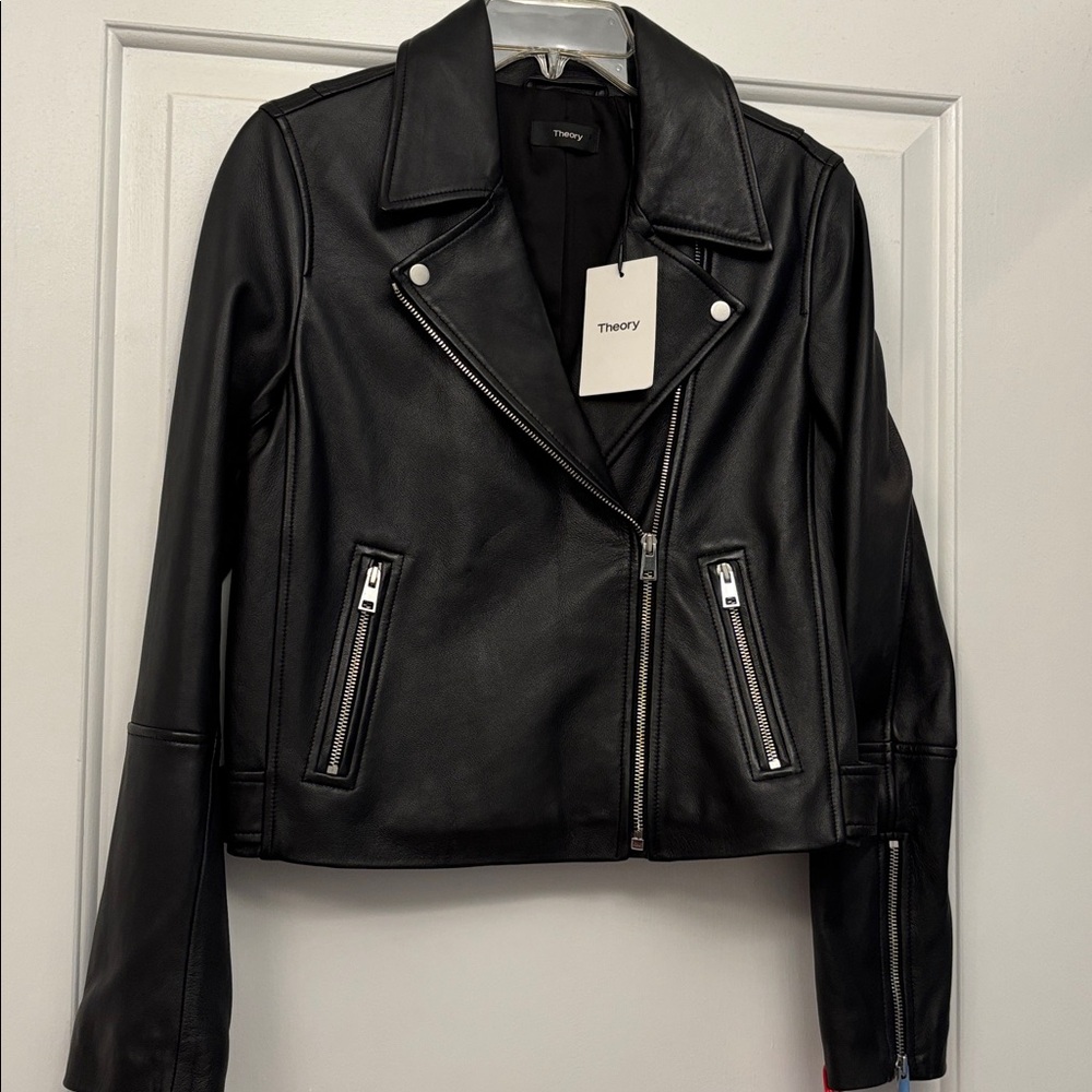 NWT Theory Moto Black Biker Grain Lamb Leather Jacket with Silver Accents Size M - Picture 3 of 16